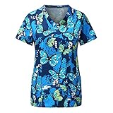 Frauen Arbeit T Shirt Alltag Kurzarm V-Ausschnitt Tops Blumendruck Übergröße Lose Arbeitsuniform mit Tasche Cartoon Druck Bluse Damen Elegant Pendeln Büro Pullover Bluse, blau, XXX-Larg
