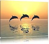 Delfine im Sonnenuntergang Format: 60x40 auf Leinwand, XXL riesige Bilder fertig gerahmt mit Keilrahmen, Kunstdruck auf Wandbild mit Rahmen, günstiger als Gemälde oder Ölbild, kein Poster oder Plak