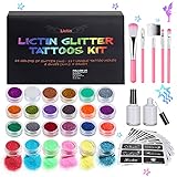 Lictin Glitzer Tattoo Temporäre Tattoo Set Make Up Körper Glitzer mit 24 Glitzertuben 117 Schablonen Neues Glitzer Tattoo Set für Kinder und Erw