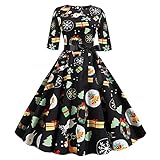 STOREYH Cartoon Weihnachten Druck Kleid mit Bogen Gürtel Damen Retro Stil Wellen Rüsche Lace Kurz Ärmel Rundhals Maxi Kleider Elegant Slim Fit Wickel Tunika Zip Dress Frauen Karneval Festlich Kleidung