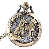 Damenuhren 1 stück Unisex Pocket Watch Analog Quarz Retro Wölfe Taschenuhr mit Kette White Dial Black