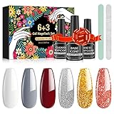 UV Gel Nagellack Set 6+3 Gel Nagel Set 3 Farben Nude und Glitzer Gel Nagellack mit 1XPolierfeile 1X Nagelfeile Base Coat und Gloosy & Matte Top Coat DIY Nail Art Kit unter Lampe G