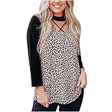 Trendige Oberteile Damen Lässiger Pullover mit Leoparden Nähten Langärmliges Basic Hemd mit V Ausschnitt und Ausschnitt Pulli mit Farbblock Patchwork Frühling Herbst Sweatshirt Baggy Tunika B