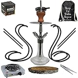 Gluecksrauch Shisha Set komplett 4 Anschlüsse 4 Schläuche Wasserpfeife Edelstahl transparent Shiny - 48cm Kohle Anzünder Kamin Tabakkopf Birkenholz T