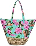 styleBREAKER Strandtasche mit Buntem Hibiskus Blüten Print, Bast am Boden und Reißverschluss, Schultertasche, Shopper, Damen 02012233, Farbe:Türk