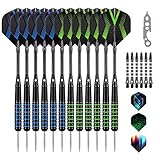 Grebarley Dartpfeile mit Metallspitze,6 Stück 20 Gramm und 6 Stück 22 Gramm,Profi Steeldarts 18 Aluminium Schaft mit 9 Flights 20 Orings (Blau & Grün)