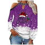 MOKBAY Damen Weihnachten T-Shirt Schneeflocke Hut Print Sexy Trägerlose Laterne Lose Mode Sexy Langarm T-Shirt Bluse Trägerloses Top Damenbluse Locker Viskose S
