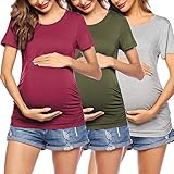 Ekouaer Damen Umstandsshirt Kurzarm Lustig Umstandsmode Tshirt für Schwangere Schwarz&Grau&Weinrot XXL