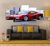 BTCA Kunstdruck auf Leinwand 5 Leinwandkunst Ferrar Testarossa Red Sports car Sonnenuntergang Ölfarben, Fotodruck, moderner -Design, gespannt und gerahmt（200x100cm）
