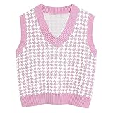 Graceyo Weste Damen Pullunder, Strick Ärmellos V-Ausschnitt Strickweste, Hahnentritt Karierte Strickpullover Vest Sweatshirts, Retro Herbst Winter Gestrickt Vest Pullover Tank Top Ob