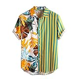 Bluse T-Shirt Tops Hemden Herrenmode lässig Hawaiian Print Patchwork einreihiges Revers Trendhemd (XL,1grün)