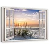 Feeby Leinwandbild XXL 120x80 cm Fenster-Illusion Fensterblick Wandbild Wanddekoration Deko Kunst Kunstdruck Fenster Meer Strand Sonnenuntergang Beige Orang