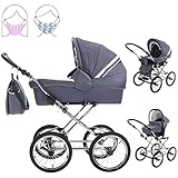 Friedrich Hugo Natureline Uni | 3 in 1 Kombi Kinderwagen Komplettset | Öko Nostalgie Kinderwagen | Farbe: Hugo Stone S