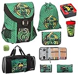LEGO Ninjago Easy Schulranzen-Set 9tlg. Green Spinjitzu mit Federmappe gefüllt, Turnbeutel, Dose, Flasche, große Sporttasche und Regenschutz grüner Ninja Lloy