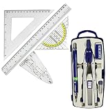 com-four® Geometrie Set - Geodreieck, Zirkel, Lineal, Dreickslineal, Parabel, Druckbleistift, Radiergummi und Ersatzminen - ideal für Schule, Studium, technisches Z