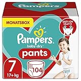 Pampers Windeln Pants Größe 7 (17+kg) Baby Dry, 104 Höschenwindeln, MONATSBOX, Einfaches An- und Ausziehen, Zuverlässige Trock