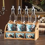 Heigmztlg Gewürzgläser， Keramik Küchen-Gewürz Box Set, Glas Ölflasche, kreativer Haushalt zweilagig Würzen Jar, Salzstreuer Sojasoße Flasche Kombination (Color : C, Size : Six-Piece Gas Bottle)