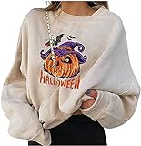 Tophoopp Halloween Sweatshirts für Frauen, Damen Kürbis Pullover Langarm Pullover Tops Leicht Sweatshirt Hoodies, A8-beige, 48