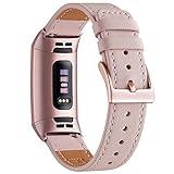 WFEAGL Armband Kompatibel für Fitbit Charge 3 Armband/Fitbit Charge 4 Armband Leder, Klassisch Einstellbares Ersatzarmband Sport Kompatibel für Fitbit Charge 3/4(Rosa Sand+Roségold Adapter)