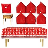 CHALA 7TLG Weihnachtsmann Hut Stuhl Bezüge Set Rot Stuhlhussen Stuhl Rückseiten Santa Hut Stuhlüberzüge Abdeckungen mit Weihnachten Tischdecke Weihnachtsdeko für Esszimmerstuhl Küche Ab