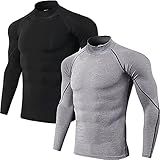 Herren (2er Pack) Kompression Langarm Stehkragen Wintersport Baselayer T-Shirts Tops Schwarz/Grau M