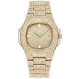 Armbanduhr für Damen/Dorical Frauen Analog Quarzuhr Armbanduhren Voll Von Diamanten Handgelenk Fashion Uhr Stahlband Armband Simulierter Diamant Dial Armbanduhr Mit Kalender(Gold)