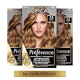 L'Oréal Paris Permanente Haarfarbe, Haarfärbeset mit Coloration und Farbglanz-Pflegebalsam, Préférence, 7.3 Karamellblond (Florida), 3er S