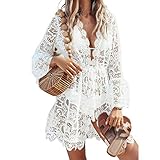 L&ieserram Damen Spitze Strandkleid V-Ausschnitt Badeanzug Bedecken Pareos Kimono Cardigan Strandkleid Boho Transparent Strandponcho (Weiß, XL)