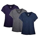 icyzone Damen Sport Fitness T-Shirt Kurzarm V-Ausschnitt Laufshirt Shortsleeve Yoga Top 3er Pack (XXL, Royal Blue/Purple/Charcoal/)