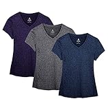 icyzone Damen Sport Fitness T-Shirt Kurzarm V-Ausschnitt Laufshirt Shortsleeve Yoga Top 3er Pack (L, Royal Blue/Purple/Charcoal/)