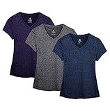 icyzone Damen Sport Fitness T-Shirt Kurzarm V-Ausschnitt Laufshirt Shortsleeve Yoga Top 3er Pack (L, Royal Blue/Purple/Charcoal/)