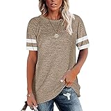 T-Shirts für Frauen, Tunika-Oberteile, lässig, gestreift, Bedruckt, lockeres T-Shirt, Kurzarm-T-Shirts Frühling und Sommer, lockerer Rundhalsausschnitt, Kontrastfarbe, Nähte, Top-T-Shirt für D