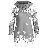 Riou Weihnachtskleid Pulloverkleid Damen Herbst Langarm Schneeflock Lang Gedruck Knielang Hoodie Sweatshirt Blouse Kleider (L, Grau)