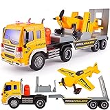HERSITY Transporter LKW mit Flugzeug Spielzeug Sound und Licht Abschleppwagen Push and Go Spielzeug Geschenk für Kinder ab 3 J
