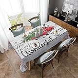Rechteckige Tischdecke – Weihnachten Bauernhaus rot LKW ziehen grün Baum auf Retro Holzdielen staubdichte Tischdecke waschbar Polyester Tischdecke stilvolle Tischdekoration (152,4 x 264,2 cm)