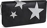 styleBREAKER Geldbörse mit glitzerndem Stern Cutout Muster und Ziernaht, Reißverschluss, Portemonnaie, Damen 02040058, Farbe:Schwarz/Stern Silb