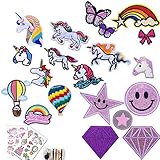 20 Stück Patches,Flicken zum Aufbügeln Kinder,Aufbügelflicken Einhorn,Bügelbilder für Textilien,Aufbügelflicken Kinder Einhorn Groß Set für Mädchen mit Einhorn,Smiley,Stern,Schmetterling