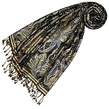 Lorenzo Cana Marken Damenpashmina Schal Schaltuch Stola Umschlagtuch Naturfaser opulentes Muster in harmonischen Schwarz Blau Gold Farben mit Fransen 70 cm x 200 cm - 78438