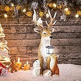 FONDUO Gartenfigur solar|Gartendeko Figuren, Gartenfiguren aus Kunstharz Hirsch, Hirsch und Freunde Gartenwichtel| Gartenfiguren Für Außen Mit Laterne, Harz Tier Statue Dek