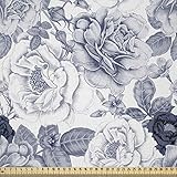 ABAKUHAUS Shabby Chic Stoff als Meterware, Garten Frühlingsrosen, Microfaser Stoff für Dekoratives Basteln, 1M (230x100cm), Blau grau und Weiß