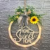 ANTKING Weihnachten Willkommensschild Für Haustür, 12-Zoll-led-beleuchtete Rustikale Holztürhänger, Sonnenblumenkranz-girlandendekorationen Für Bauernhaus, Veranda, Haus, Fenster, H