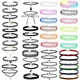 40 Stück Samt Choker Halskette Set Gummi Halsband Tattoo-Kette Schmuck-Sets Damen-Schmuck Velvet Halskette Tattoo Halsband Schwarz für Teen Girls F