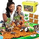 TOEY PLAY Tiere Spielzeug Set mit Spielmatte, Wildtiere Tierfiguren Spielset mit Koffer für Kinder, Tiermütter und Tierkinder Set, Geschenke für Jungen M