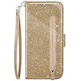 Hpory Kompatibel mit Galaxy M31s Hülle, Handyhülle Samsung Galaxy M31s Glitzer Muster PU Leder Klapphülle mit Reißverschluss Handschlaufe Geldbörse Case Flip Cover Etui Schutzhülle Tasche - G