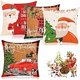 Kissenbezug Weihnachten,Senteen 4pcs Kissenhüllen Leinen Weihnachtskissenbezug Bunt Dekorative Kissenbezug Zierkissenbezug Baumwolle Kissenbezüge Für Sofa Schlafzimmer Dekorativ Kissenhülle, 45x45
