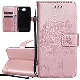 ISAKEN Hülle für Huawei Y5 II, PU Leder Brieftasche Geldbörse Wallet Case Ledertasche Handyhülle Tasche Schutzhülle Etui mit Handschlaufe Strap für Huawei Y5 II / Y6 II Compact - Baum Katze Roseg