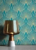 NEWROOM Tapete Blau Vliestapete Pfauenfeder - Mustertapete Modern Gold Petrol Blätter Ornamente Retro Grafisch 50er Art Glamour inkl. Tapezier-Ratgeb