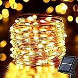 Solar Weihnachtsbeleuchtung Außen, NEXVIN 10M 100 LED Solar Lichterkette Aussen Wasserfest, 8 Modi Solar Kupferdraht Lichterkette Warmweiß für Weihnachten Garten Outdoor Weihnachtsbaum Dek