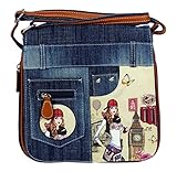 yourlifeyourstyle Jeans Look Umhängetasche mit Print auf Kunstleder oder aufgenähten Patches, Nieten - Maße ohne Riemen 25 x 26 cm - Damen Mädchen Teenager Tasche (London Mäd.)