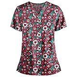 Frauen Kurzarm V-Ausschnitt Krankenschwester Uniform Tops Mode Schmetterling Print Casual Tunika Arbeitsuniform Still-T-Shirt mit 2 Taschen für Frauen Krankenschwestern Gr. 38,